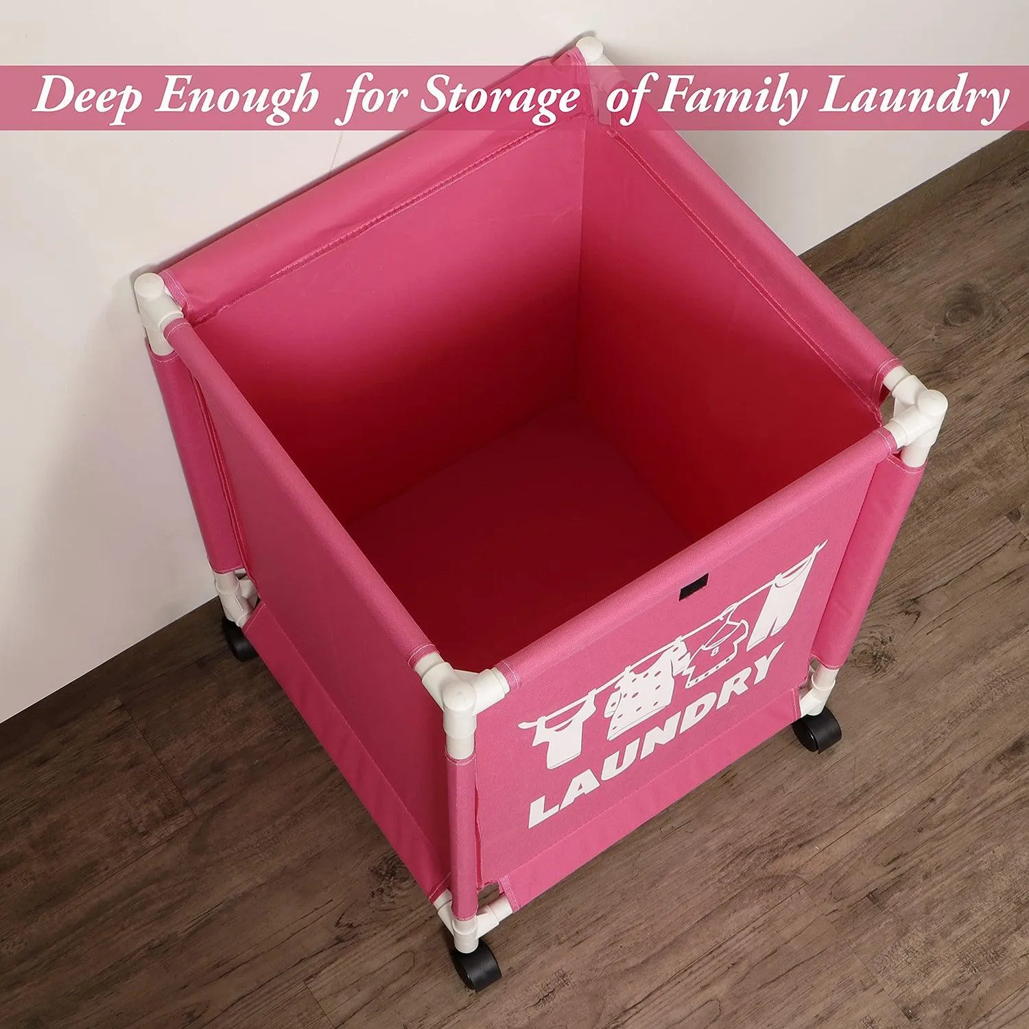 HOKIPO Oxford Fabric Laundry Basket Trolley With Wheels - 60x44x44 cm, Pink