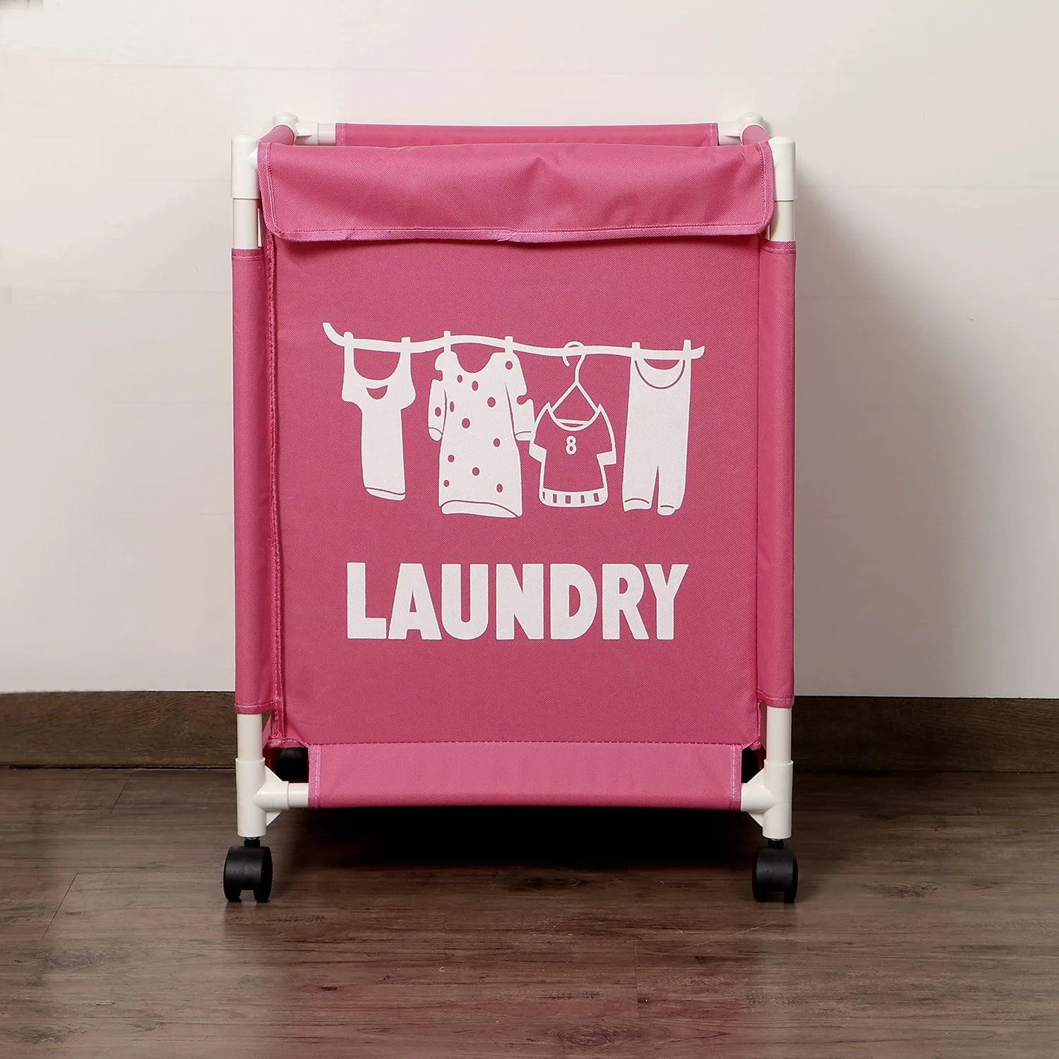 HOKIPO Oxford Fabric Laundry Basket Trolley With Wheels - 60x44x44 cm, Pink