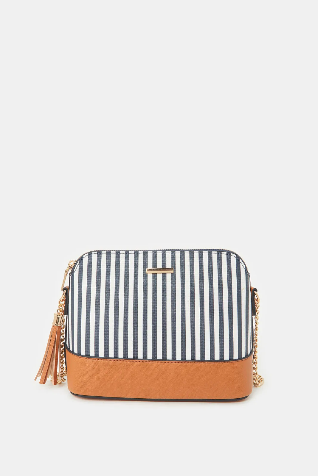 Women Navy And Brown Striped Cross Body Bag