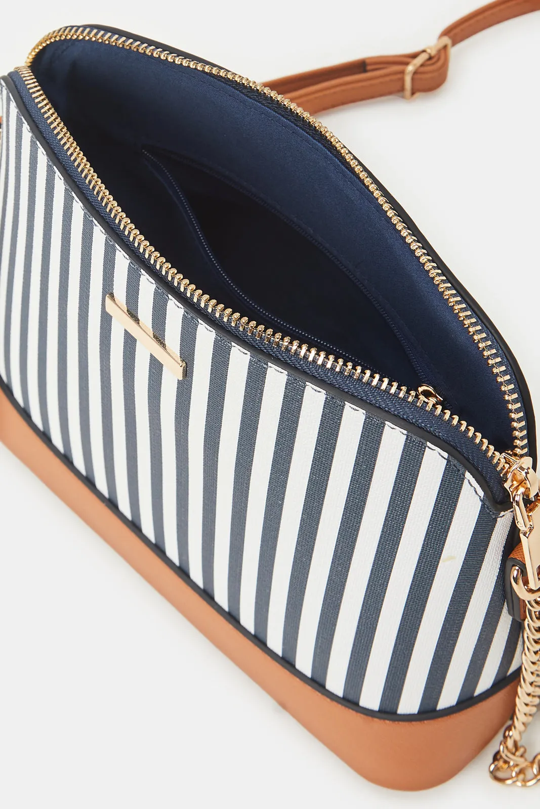 Women Navy And Brown Striped Cross Body Bag