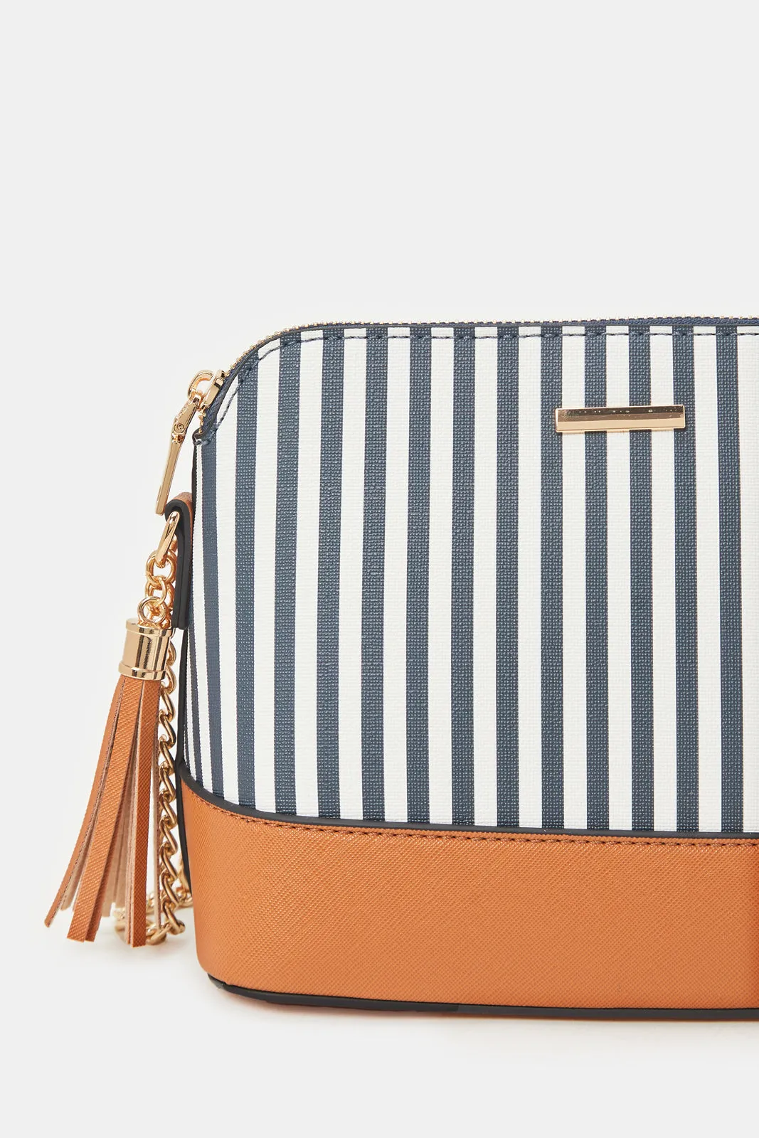 Women Navy And Brown Striped Cross Body Bag